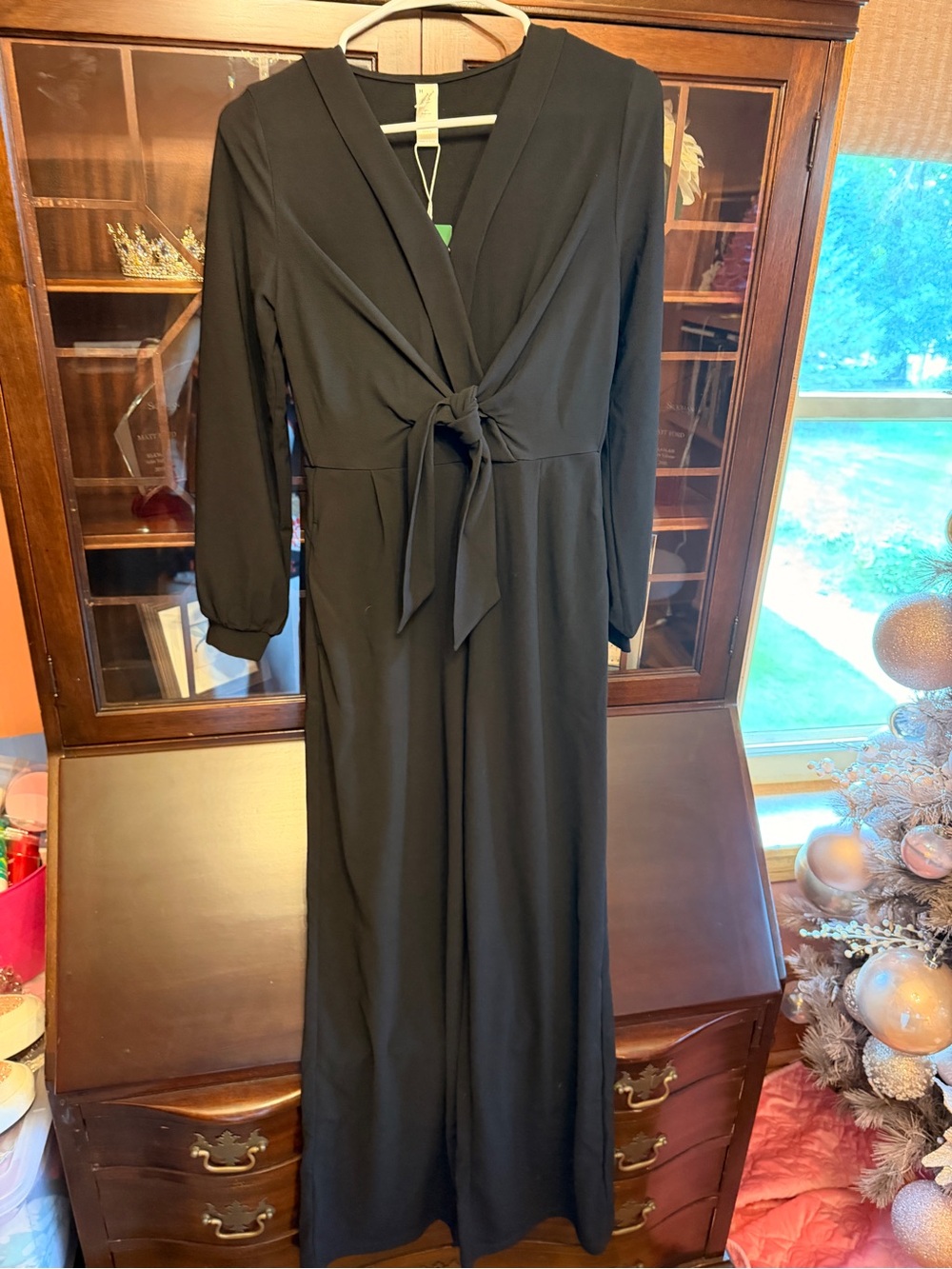 HALARA Black Long-Sleeve Tie-Front Jumpsuit Dress